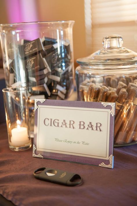 Cigar Bar, something for the guys #brideside #wedding #details 50th Birthday Party Ideas For Men, Dessert Display Wedding, Havana Nights Party, Birthday Decorations For Men, Dessert Display, Gatsby Wedding, בר מצווה, 60th Birthday Party, 30th Birthday Parties