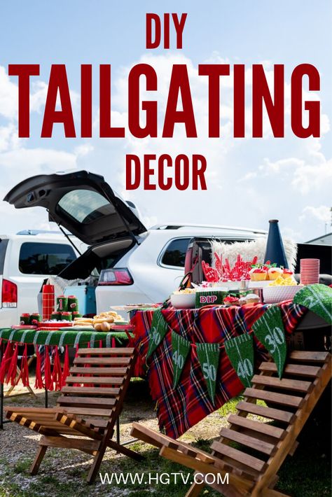 5 DIYs for Your Next Tailgate Party | HGTV.com Centerpieces For Tailgate Party, Garage Tailgate Party, Tailgate Party Centerpieces, Fall Tailgate Decor, Uga Tailgate Food, Tailgate Tent Ideas, Christmas Tailgate Party, Tailgate Food Display, Tailgate Themed Birthday Party