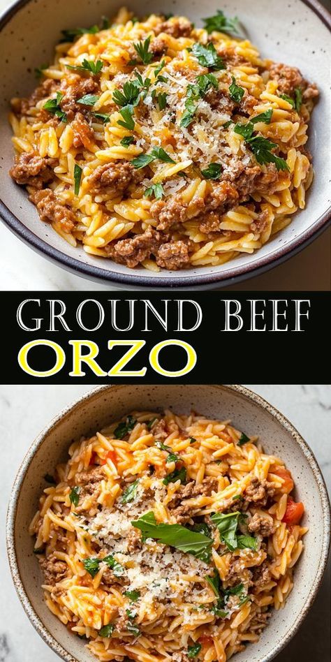 🍲 Warm up with this savory and easy Ground Beef Orzo dish. A must-try for lovers of quick and comforting meals. 💛 #OrzoRecipe #BeefDinnerIdeas #MealPrep Ground Beef And Orzo, Beef And Orzo, Creamy Tomato Orzo, Beef Orzo, Orzo Dinner Recipes, Orzo Bake, Orzo Skillet, Tomato Orzo, Orzo Pasta Recipes