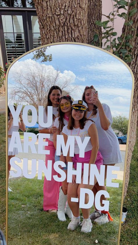 Walking on sunshine Sunshine Bid Day Theme, Walking On Sunshine Bid Day, Sorority Recruitment Themes Decoration, Delta Gamma Bid Day, Bid Day Themes Sorority, Sorority Recruitment Decorations, Recruitment Decorations, Sorority Recruitment Themes, Sorority Themes