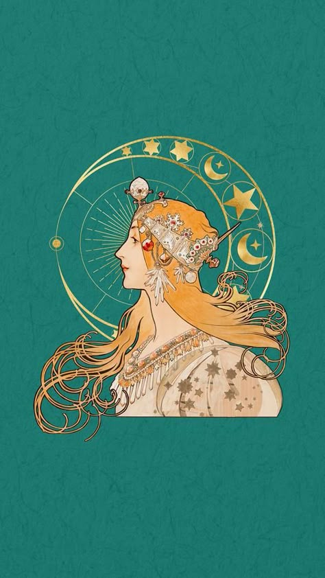 Art Nouveau Iphone Wallpaper, Vintage Celestial Art Moon, Mucha Wallpapers, Art Nouveau Wallpaper Iphone, Vintage Celestial Art, Cher Wallpapers, Portfolio Aesthetic, Woman Background, Nouveau Aesthetic