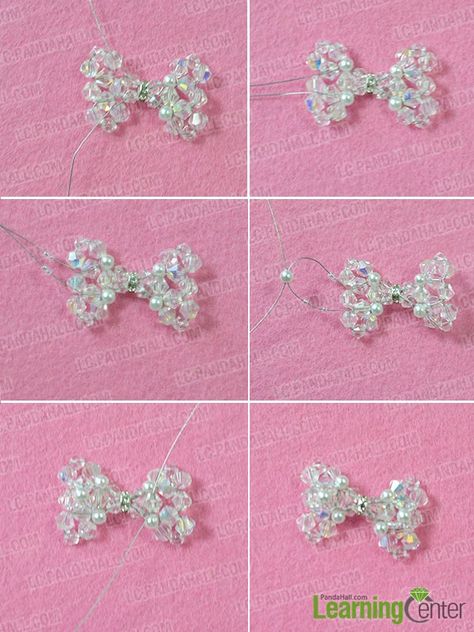 Add pearl ornament on the bow Beaded Bow Earrings Tutorial, Bow Beaded Bracelet, Beaded Bow Bracelet Tutorial, Beaded Bow Ring Tutorial, Beaded Bow Necklace, Beaded Bow, Pearl Ornaments, Crochet Bracelet Pattern, Beaded Necklace Tutorial