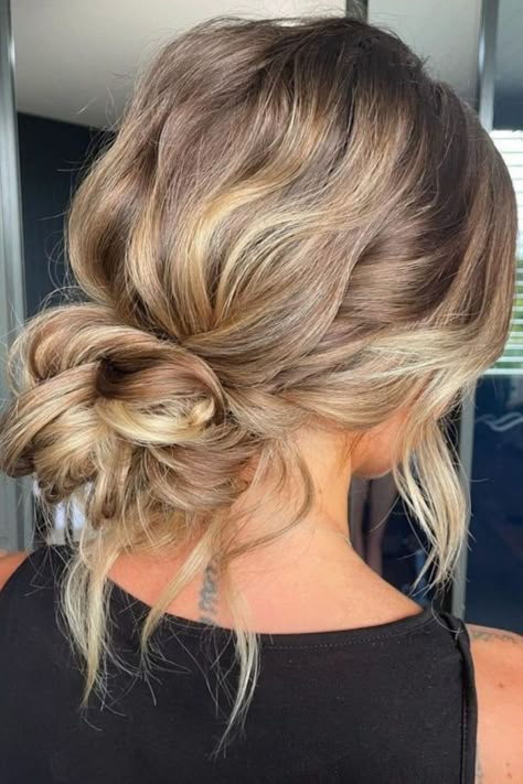 Loose Low Bun Simple Messy Bun For Medium Hair, Loose Hair Up Styles, Bridesmaid Hair Updo For Short Hair, Mom Updo Hairstyles, Low Romantic Updo, Loose Wavy Updo Wedding, Bridal Hair For Thinning Hair, Loose Upstyles For Medium Hair, Loose Bun With Curls