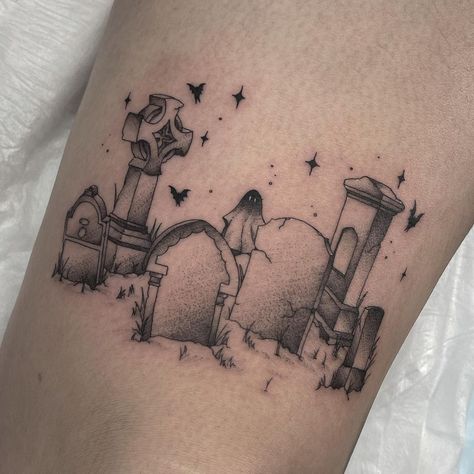 Ghostly Tattoo Ideas, Small Cemetery Tattoo, Nessy Tattoo Design, Tombstone Tattoo Stencil, Paranormal Tattoo Sleeve, Headstone Tattoo Design, Finally Free Tattoo, Gravestone Tattoo Simple, Cemetery Tattoo Graveyards