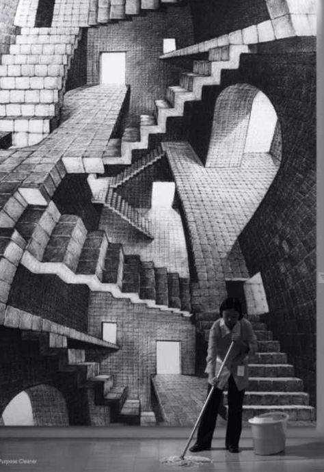 Stairs Illusion, Escher Stairs, Mc Escher Art, Maurits Cornelis Escher, Escher Art, Stair Art, Optical Illusion Drawing, Illusion Drawings, Mc Escher