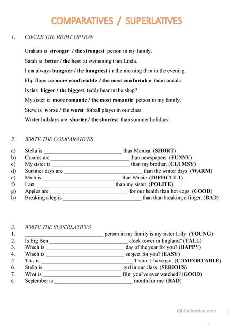 Comparative And Superlative Adverbs, Comparative Adjectives Worksheet, Comparatives And Superlatives, English Grammar Exercises, English Grammar For Kids, English Adjectives, Adjective Worksheet, Grammar For Kids, Easy English