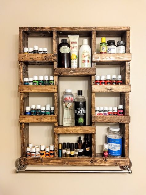 Diy Essential Oil Display, Essential Oil Wall Shelf, Essential Oil Shelf Diy, Essential Oil Shelves, Essential Oil Storage Ideas, Oil Rack, Plant Products, Oil Shelf, Essential Oil Shelf