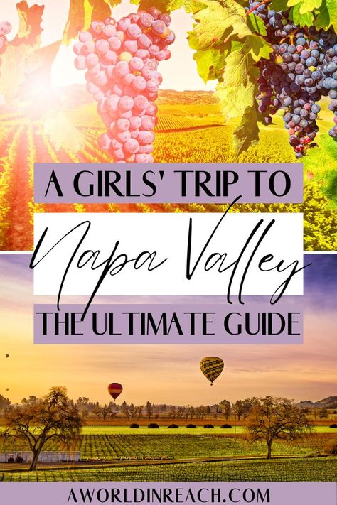 A photo of grapes at a winery in Napa Valley and of two hot air balloons over Napa Valley with text overlay reading "A Girls' Trip to Napa Valley The Ultimate Guide" Napa Valley Itinerary, American Roadtrip, Napa Valley California, Napa Valley Trip, Napa Trip, West Coast Travel, Friends Trip, California Travel Guide, Girls Trips