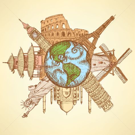 The Earth Drawing, Around The World Drawing, Buildings Drawings, Earth Sketch, Earth Background, The World Drawing, Earth Drawing, World Drawing, Earth Drawings