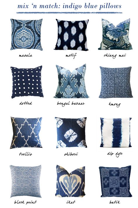 small shop: indigo blue pillows - Who knew there were so many varieties!? Types Of Pillows, Blue And White Pillows, Brand Stylist, Bantal Sofa, Blue Pillow, Blue Dream, Blue Decor, Ralph Lauren Home, White Pillows