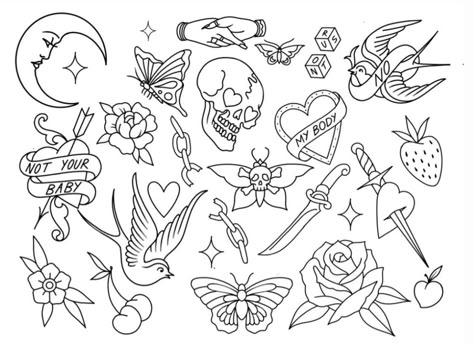 Tattoo Flash Sheet Ideas Simple, Simple Tattoo Sheet, Drawn Tattoo Designs, Flash Tattoo Sheets Simple, Popular Flash Tattoos, Flash Sheet Tattoo Simple, Traditional Tattoo Style Drawings, Patchwork Tattoo Ideas Drawings Women, Simple Traditional Tattoo Flash