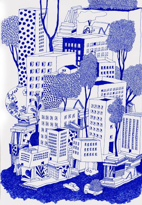 City Illustration Art, Blue Graphic Design, Umbrella Drawing, Top Photography, Abstract Pictures, Arte Sketchbook, Arte Inspo, World Photography, Architecture Drawing