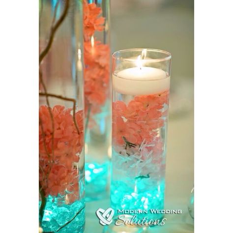 Centerpieces | Coral Hydrangeas | Curly Willow | Teal LED Lights | Floating Candles | Cylinder Vases | See more on our Instagram and Facebook page: @aperfectpetal! Diy Floating Candles, Wedding Motifs, Wedding Floral Centerpieces, Teal Wedding, Turquoise Wedding, Coral Wedding, Wedding Centerpieces Diy, Diy Centerpieces, Candles Crafts