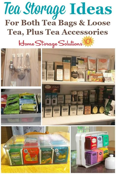 Here are tea storage ideas and organization tips for both tea bags and also loose tea, plus tips for organizing tea accessories such as strainers, honey spoons and more {on Home Storage Solutions 101} #TeaStorage #TeaOrganizer #TeaOrganization Diy Tea Organizer Ideas, Tea Bag Storage Ideas Diy, Diy Tea Storage Ideas, Tea Storage Diy, Organizing Tea Bags, How To Organize Tea Bags, Tea Organizer Ideas, Tea Organization Diy, Tea Cabinet Organization