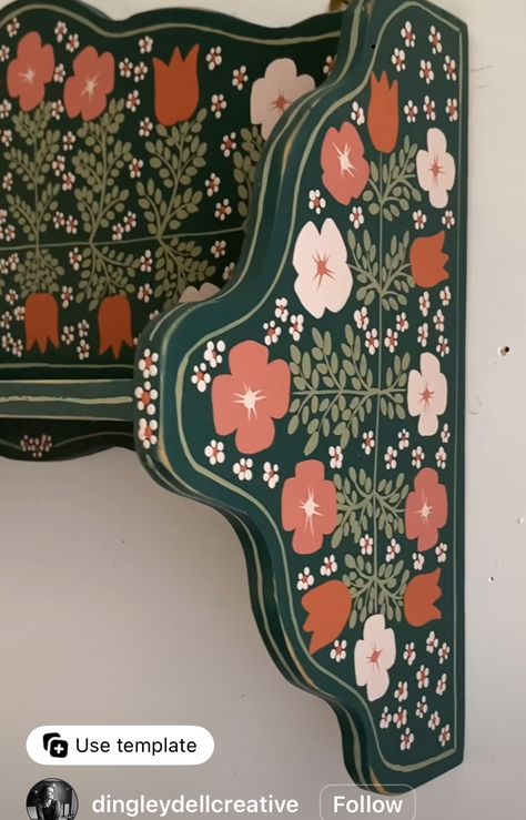 Folk Art Painted Hutch, Folkart Painted Furniture, Dark Green Armoire, Hand Painted Table Top, Hand Painted Shelf Ideas, Hand Painted Folk Art Furniture, Swedish Folk Art Furniture, Folk Art On Furniture, Folk Art Furniture Painting Ideas