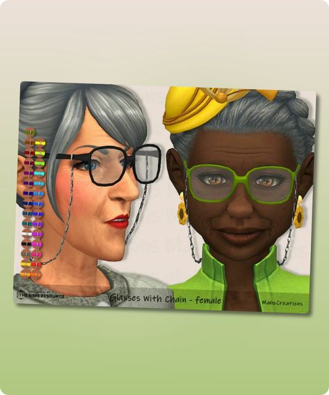 Sims 4 Glasses – female These glasses with chain are specially made for the elderly, but youngsters can wear them just as well. new mesh basegame female teen to elder 29 colours to find in glasses Some clipping issues in the neck are unavoidable. Revision: 2 Filesize: 2 MB Recoloring Allowed: Yes – Do notContinue reading "Glasses – Female By Mahocreations" #teen #accessories #sims #gaming #sims4cc #glasses Sims 4 Cc Glasses With Chain, Ts4 Glasses Cc, Glasses Cc Sims 4, Glasses With Chain, Teen Accessories, Ts4 Accessories, 80s Glasses, Mod Jacket, Sims 4 Cc Download