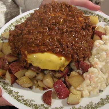 Meat Sauce (Garbage Plate, Hot Dog style) | Allrecipes Meat Hot Sauce, Garbage Plate, Fries Burger, Hot Dog Sauce, Plate Recipes, Chili Dog, Meat Sauce Recipes, Mac Salad, Dinner Roll