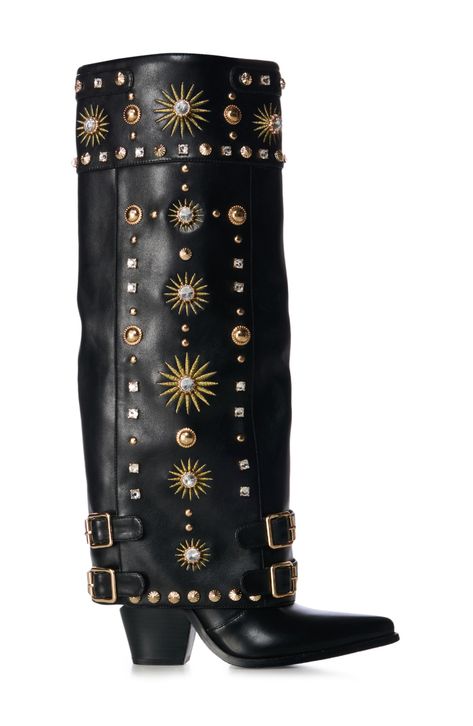 Sparkling crystals and goldtone studs amplify the bold, modern style of this over-the-knee boot. Side zip closure Synthetic upper, lining and sole Imported Asian & Pacific Islander Owned/Founded Gold And Black Boots, Unique Combat Boots, Cool Black Boots, Western Chic Fashion Dressy, Studded Clothes, Gold Boots Outfit, Disco Themed Party Outfit, Black Dress With Boots, Diy Boots