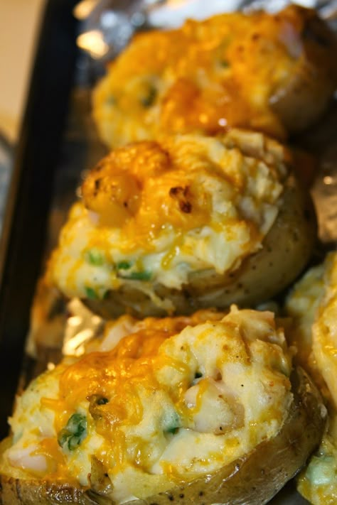 Paula Deen's Twice Baked Shrimp Stuffed Potatoes Shrimp Stuffed Potatoes, Cheesy Shrimp, Shrimp Stuffed, Jacket Potatoes, Stuffed Potatoes, Stuffed Baked Potatoes, Paula Deen Recipes, Baked Shrimp, Twice Baked