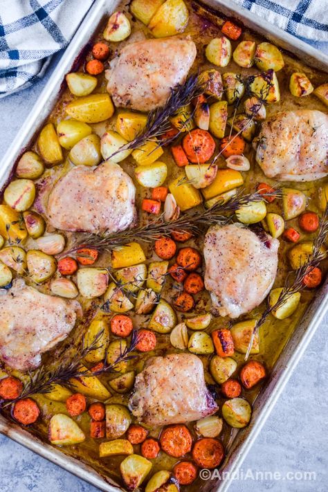 Chicken Thighs with Root Vegetables - Andi Anne Roasted Boneless Chicken Thighs, Sheet Pan Dinners Chicken, Easy Sheet Pan Dinners, Sheet Pan Chicken, Roasted Chicken Thighs, Turkey Pot Pie, Healthy School, Superfood Recipes, Boneless Skinless Chicken Thighs