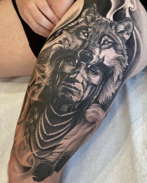 Comanche Indians Tattoo, Indian Chief Tattoo Design, Medicine Man Tattoo, Native Bear Tattoo, Indian Tattoo Men, Indian Wolf Tattoo, Wolf Headdress Tattoo, Native American Eagle Tattoo, Native American Chief Tattoo