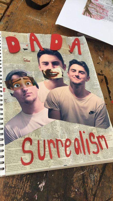 Title Page for the ‘Surrealism’ Project Surrealism Title Page, Dada And Surrealism Art, Surreal Portrait Collage, Distortion Artist Research, Dada Surrealism, College Portfolio, Title Page, Art Portfolio, Homework