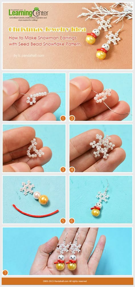 How to Make Snowman Earrings with Seed Bead Snowflake Pattern Winter Bracelets Diy, Things To Make With Seed Beads, Seed Bead Snowflake, Bead Bracelets Diy, How To Make Snowman, Beaded Snowman, Make Snowman, Seed Bead Bracelets Diy, Snowman Earrings