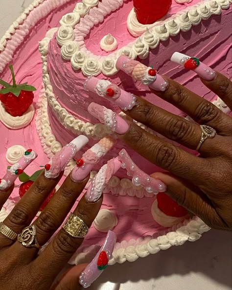 Cookie Nails Acrylic, Neopolitan Nails, Dessert Nails, Cake Nails, Birthday Cake Nails, Pink Gummy Bear Acrylic Nails, Candy Kawaii Nails, Neapolitan Ice Cream Nails, Kawaii Rhinestone Nails