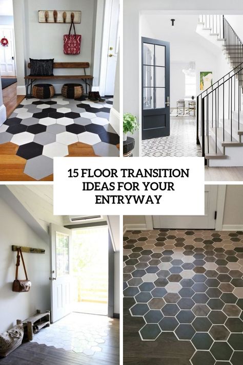 15 Floor Transition Ideas For Your Entryway Modern Tile Entryway, Mixed Flooring Ideas Wood And Tile Entryway, Tile Entryway Transition To Wood Floor, Vinyl Flooring To Tile Transition, Tile In Entryway, Transition From Tile To Vinyl Plank, Vinyl Tile Entryway, Kitchen And Entryway Tile, Wood Flooring Transition Ideas