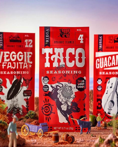 Whiskey Design on Instagram: “Here are the final three flavors we did for the @riega_foods Tex Mex seasoning line. In Texas, everything is bigger…including flavor.” Tex Mex Design, Whiskey Design, Veggie Tacos, Illustration Packaging, Mexican Street Food, Texas Food, Branding Illustration, Food Pack, Logo Typography