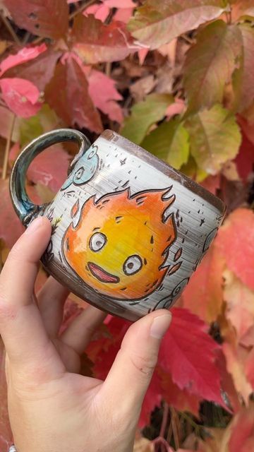 Calcifer Art, Flower Hacks, Pottery Cafe, Plant Pot Design, Diy Pottery Painting, Pottery Painting Designs, Hand Painted Mugs, Handmade Cups, Crochet Curtains