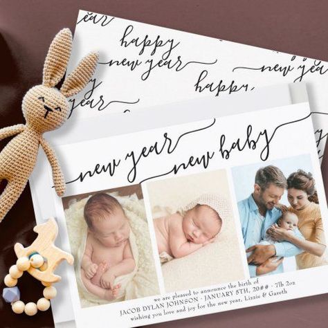 $2.42 | New Year New Baby 3 Photo Birth Announcement #newyearnewbaby #2023 #multiphoto #modern #simple #eleganttypography #script #newyearbirthannouncement #happynewyear #minimalist New Year Baby Announcement, Christmas Birth Announcement, Baby New Year, Birth Details, Multi Photo, New Year Greetings, New Baby Cards, Baby Birth, New Year Card