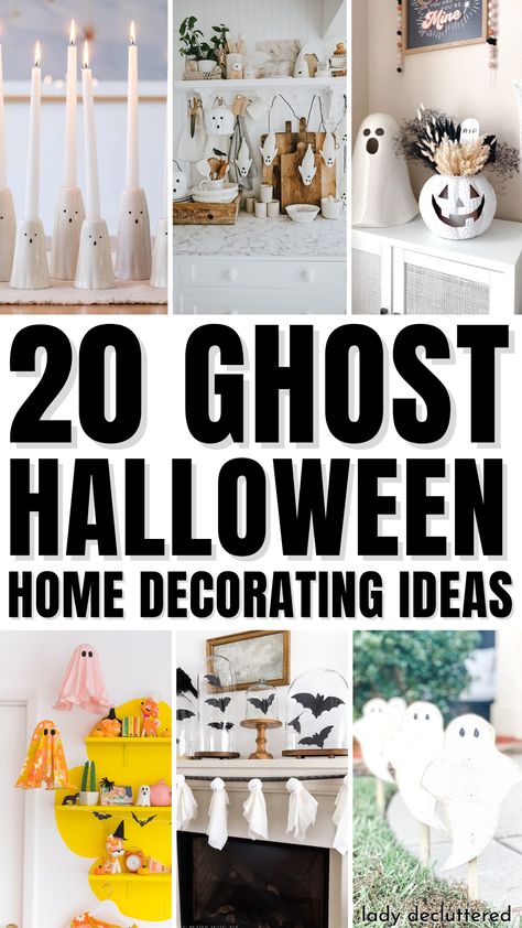 20 Ghost Halloween Home Decorating Ideas Ghost Mantel Decor, Diy Hanging Ghost Indoor, Indoor Ghost Decor, Ghost Mantle Decor, Ghost Bathroom Decor, Ghost Theme Halloween Decorations, Ghost Decorations Diy, Ghost Decorations For Halloween, Ghosts Decor