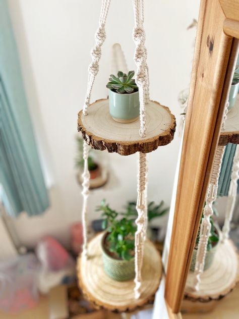 Real wood log slice, handmade macrame, double shelf for living room or bedroom hanging storage. #bohodecor #woodshelves Macrame Hanging Shelf, Art Macramé, Macrame Shelf, Log Slice, Hanging Table, Hanging Shelf, Plant Ideas, Wood Logs, Macrame Hanging