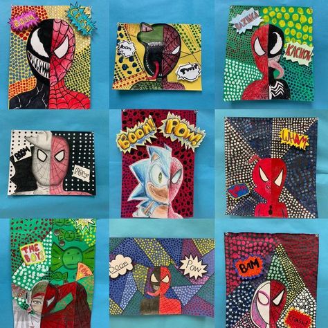 Chrissie Grace at Palette Art Studio on Instagram: "Pop Art meets Marvel-inspired by a lesson plan created by my friend @mrssuttonsartists. This was the most overall engaging project I’ve done all semester!🥰. They turned out great, and most importantly, the students had fun! Happy Friday!!! #middleschoolart #spidermanart" Pop Art High School, 8th Grade Art, Avengers Art, Palette Art, Comic Style Art, Art Theme, Middle School Art, Movie Character, Class Projects