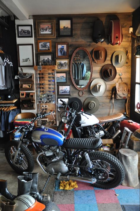 Custom Motorcycle Shop, Community Life, Vintage Black Leather Jacket, Work Shops, Garage Design Interior, Highway 101, Motorcycle Shop, Motorcycle Garage, Custom Garages