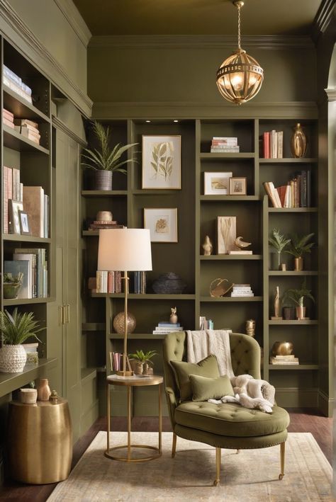 What is the Sherwin-Williams Ripe Olive Library Extravaganza? Sneak a Peek Inside [2024] #Ad #homedecor #homedesign #fixhome #Painthome #intreior Olive Green Built In Bookshelves, Sherwin Williams Relentless Olive, Olive Green Library, Renwick Olive Sherwin Williams, Sherwin Williams Olive Grove, Olive Grove Sherwin Williams, Oakmoss Sherwin Williams, Olive Dining Room, Sherwin Williams Oakmoss