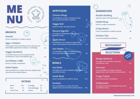 Modern Hand-drawn Rooftop Bar Horizontal Menu Menu Design Horizontal, Horizontal Menu Design, Menu Design Layout, Falafel Wrap, Diner Menu, Menu Illustration, Smoothie Shop, Apple Donuts, Italian Menu