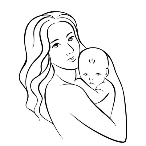 Mother holding baby, illustration of happy motherhood, childbirth. Black outline, simple lines, clip-art. Mom And Baby Line Art, Baby Drawing Easy, Baby Line Art, Mother Holding Baby, Baby Sketch, Baby Cartoon Drawing, Mommy And Baby Pictures, Baby Illustration, Mother Child