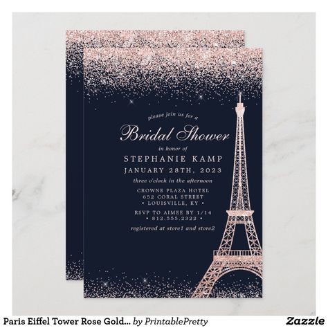 Blue Bridal Shower Invitations, Rehearsal Invitations, Rose Gold Wedding Invitations, Navy Blue Wedding Invitations, Blue Bridal Shower, Rose Gold Sparkle, Rose Gold Confetti, Navy Wedding Invitations, Elegant Bridal Shower