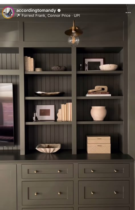 Master Room Bookshelf, Built In Bookcase With Drawers, Den Storage Ideas, Green Built In Cabinets, Gray Built Ins, Gray Bookshelves, Tv Bookshelves, Pantry Nook, Family Room Built Ins