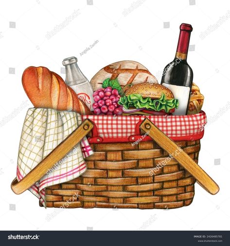 Watercolor Hand Drawn Realistic Picnic Basket Stock Illustration 2426485781 | Shutterstock How To Draw A Basket, Picnic Drawing Reference, Picnic Basket Drawing, Picnic Basket Illustration, Picnic Drawing, Basket Illustration, Basket Picnic, Basket Drawing, Bujo Ideas