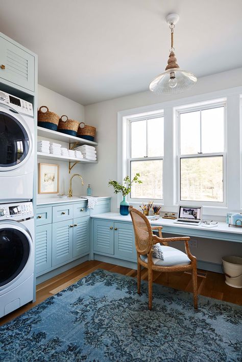 Office in the Laundry Room Laundry Room Office Combo, Laundry Mudroom Combo, Coastal Laundry Room, Laundry Combo, Laundry Craft Rooms, Perfect Laundry Room, Laundry Room Storage Shelves, White Laundry Rooms, Mudroom Laundry