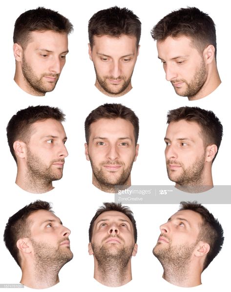 Stock Photo : short hair man face collection from various views Face Angle, Different Facial Expressions, Head Angles, Head Anatomy, Face Angles, Face Anatomy, Face Study, 얼굴 드로잉, Drawing Face