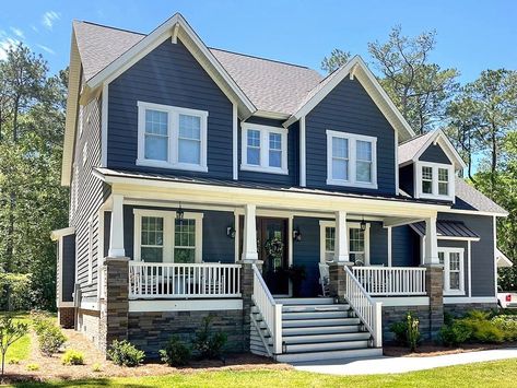 Navy Blue Houses, Porch Trim, Dark Blue Houses, Exclusive House Plan, Porch Colors, Grey Houses, Craftsman House Plan, Family House Plans, Craftsman House Plans