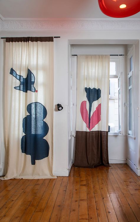 Flower & Birdy Linen Curtain Set of 2 together as a team.  100% Linen Fabric  Made in Istanbul / Turkey Handmade- hand sewing in Maki atelier. These beautiful curtains are made from pink, blue & and brown natural linen fabric. Flower, tree & bird landscape theme design is totally unique! These curtains are a very special addition to your home. Their appearance varies with the light that enters the window, creating a new atmosphere at any time of day. Its design and beautiful colors make it more Living Room With Patterned Curtains, Hand Sewn Curtains, Room Dividers Fabric, Art Studio Living Room, Curtain In Living Room, Hand Painted Curtains, Pop Art Room, Patchwork Linen Curtains, Fabric Curtain Multi Color