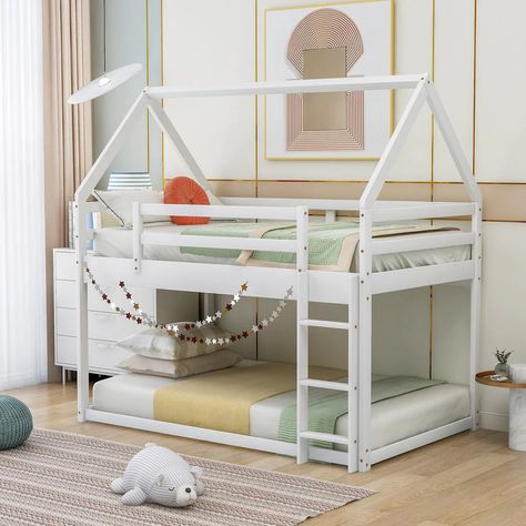 This bunk bed is designed for you. Coming with house-shaped frame, you can create your own private space. You can hang some colorful bulbs on the roof or hang a tent to pretend it's a fortress, you will Bunk Bed House, Twin House Bed, Bed With Ladder, Low Bunk Beds, House Bunk Bed, White Bunk Beds, Bunk Bed With Slide, House Frame Bed, Wood Bunk Beds