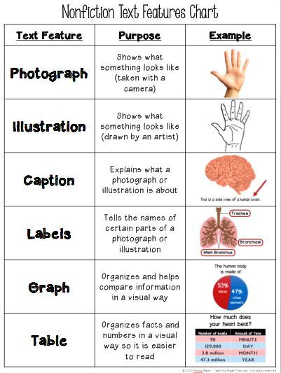 Non Fiction Text Features Chart Text Feature Anchor Chart, Text Features Worksheet, Text Structures, Nonfiction Text Features, Fiction Text, Reading Anchor Charts, Third Grade Reading, 5th Grade Reading, Nonfiction Reading