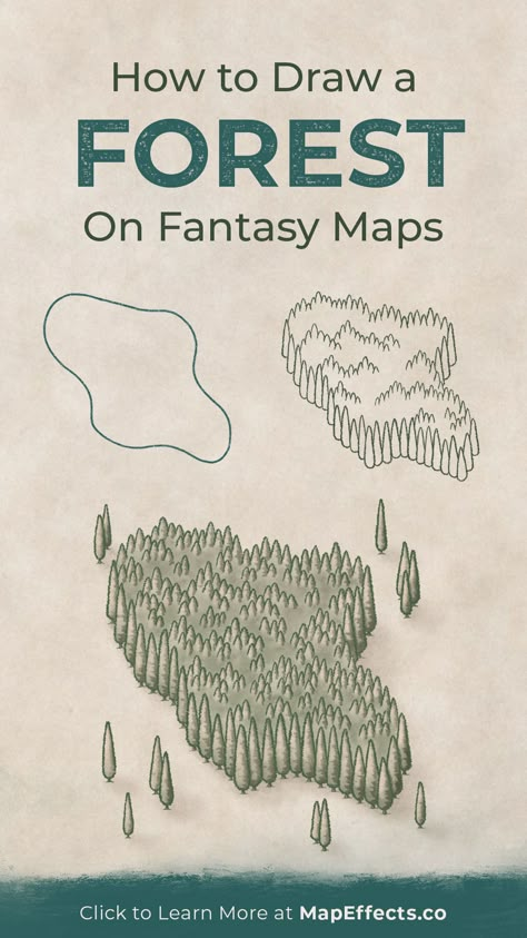 How to Draw a Forest on Your Fantasy Maps - Tutorial for RPG and Novel Settings Fantasy Map Drawing Trees, Fantasy Map Forest Drawing, Easy Island Drawing, How To Draw A Forest On A Map, Things To Put On A Fantasy Map, Fantasy Map Watercolor, Fantasy Map Making Symbols, Things To Add To Fantasy Maps, Creating A Fantasy Map