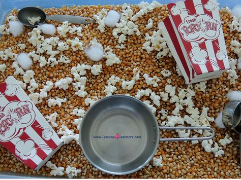 Popcorn Sensory Bin Preschool Baseball Sensory Bin, Carnival Sensory Bin, Popcorn Sensory Bin, Circus Sensory Bin, Circus Sensory, Sensory Bin Preschool, Kindergarten Sensory, Summer Lesson Plans, Preschool English